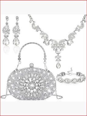 Rhinestone Jewelry Set with Clutch Purse Necklace Bracelet Earrings for Wedding